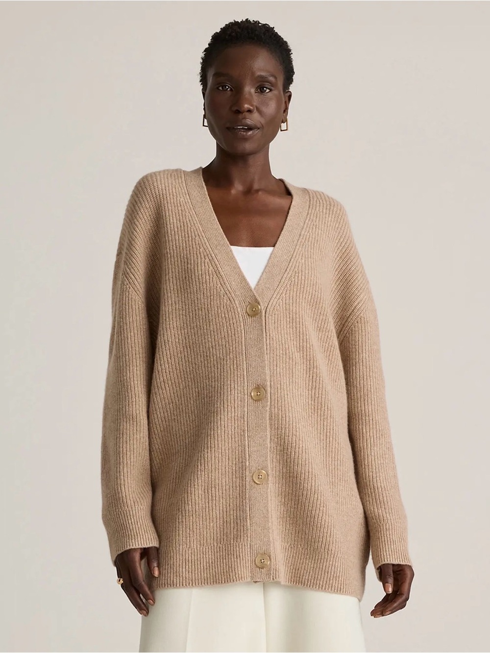 Quince Mongolian Cashmere Oversized Boyfriend Cardigan Sweater, Oatmeal, Small